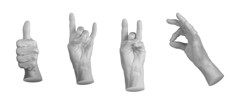 An elderly woman s hand displaying a variety of gestures: OK, thumb up, devil, and cool. Mature, wrinkled skin with visible texture, each hand in different positions and poses. Set of hand