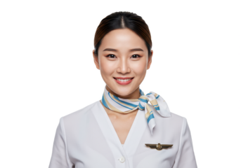 A professional young female flight attendant wearing a crisp white airline uniform isolated on transparent background