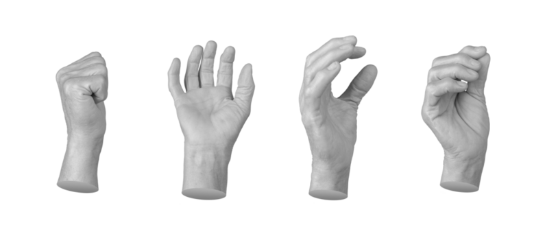 An elderly woman s hand holding, pinching, and grasping with different gestures. Five hands displayed in various positions clenched fist, open palm, salute, and more. Expression and motion conveying
