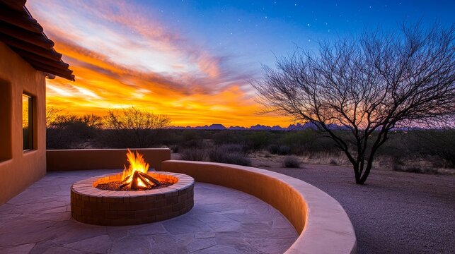 Cozy outdoor fire pit surrounded by desert landscape at sunset with vibrant sky color