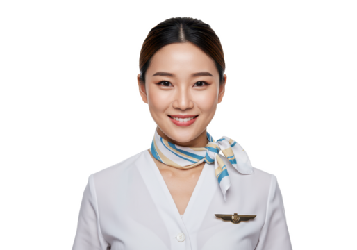 A professional young female flight attendant wearing a crisp white airline uniform isolated on transparent background