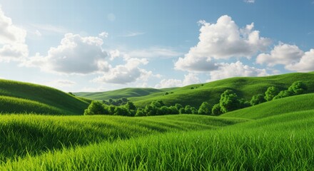 Fototapeta premium Serene countryside scene featuring flat plains interspersed with clusters of trees under cloudless cerulean expanse with wispy cirrus streaks above