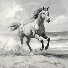 A horse runs along the beach, its mane flowing in the wind, waves crashing nearby under a cloudy sky.