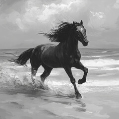 A horse runs along the beach, its mane flowing in the wind, waves crashing nearby under a cloudy sky.