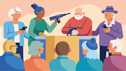The debate club at the local senior center was abuzz with energy as seniors discussed the merits of gun control.. Vector illustration