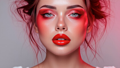 Fototapeta premium Fashion portrait of super beautiful mysterious high-born model with bright makeup on her face and sensual lips