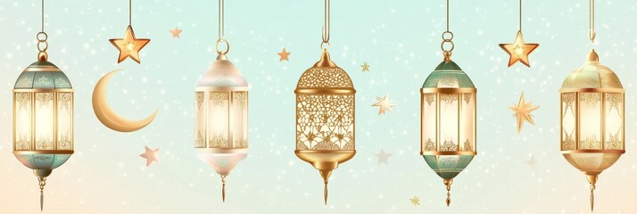 Traditional golden lanterns, crescent moon, and stars creating a festive atmosphere for ramadan or islamic holidays