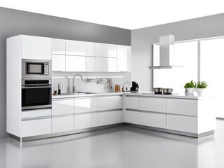 Fototapeta premium Modern kitchen interior showcasing white cabinets and stainless steel appliances