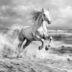 A horse runs along the beach, its mane flowing in the wind, waves crashing nearby under a cloudy sky.