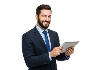 A smiling young businessman in a dark blue suit and light blue shirt holding a silver tablet isolated on transparent background