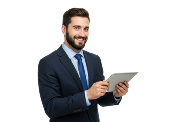 A smiling young businessman in a dark blue suit and light blue shirt holding a silver tablet isolated on transparent background