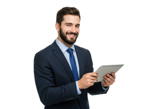 A smiling young businessman in a dark blue suit and light blue shirt holding a silver tablet isolated on transparent background - Powered by Adobe