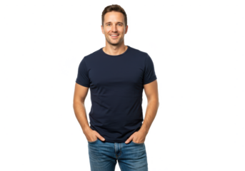 A fit and happy man with short brown hair wearing a navy blue t-shirt and blue jeans isolated on transparent background