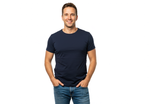 A fit and happy man with short brown hair wearing a navy blue t-shirt and blue jeans isolated on transparent background