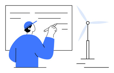 Engineer wearing a cap draws on a presentation board near a wind turbine. Ideal for renewable energy, project design, engineering, sustainability, brainstorming, planning, flat simple metaphor