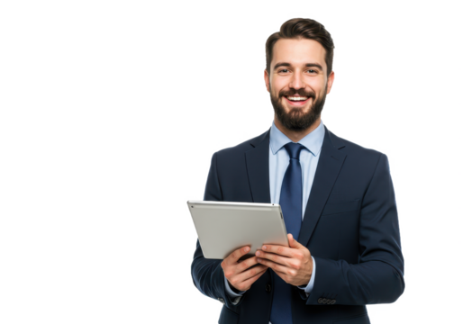 A smiling young businessman in a dark blue suit and light blue shirt holding a silver tablet isolated on transparent background