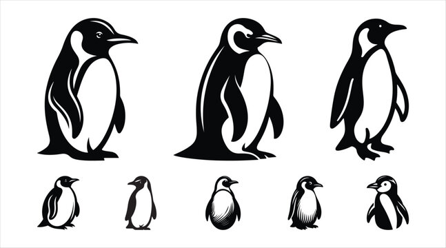 Cute penguin silhouette vector illustration, penguin vector, penguin logo vector, penguin black vector set