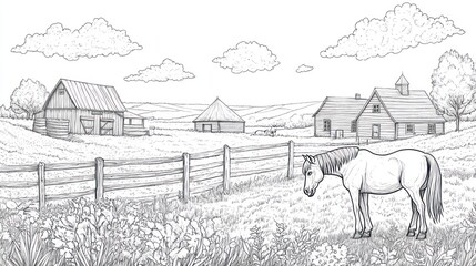 Obraz premium Rural countryside scene with horse, farmhouse, and fields. Possible use for children's book illustrations or educational material