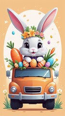 Cute bunny easter in truck car with eggs and carrot. Series: Kawaii animals rabbit egg hunting (Character cartoon). Spring activities holiday. Perfect make a wish for baby t shirt fairy tale book.