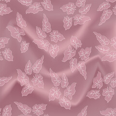 Fototapeta premium Flourish leaves ornament over soft silk folds background. The texture of textile pattern with flourish nature garden motif decor. Floral pattern.