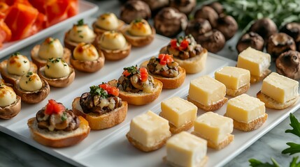 Collection of elegantly plated bite sized appetizers including mini bruschettas cheese cubes and stuffed mushrooms styled for a cocktail party