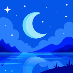 Fototapeta premium A stunning blue fantasy background featuring a glowing moon and twinkling stars reflecting over serene water, perfect for dreamy designs and mystical themes