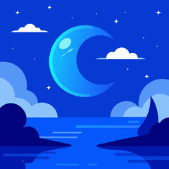 Fototapeta premium A stunning blue fantasy background featuring a glowing moon and twinkling stars reflecting over serene water, perfect for dreamy designs and mystical themes