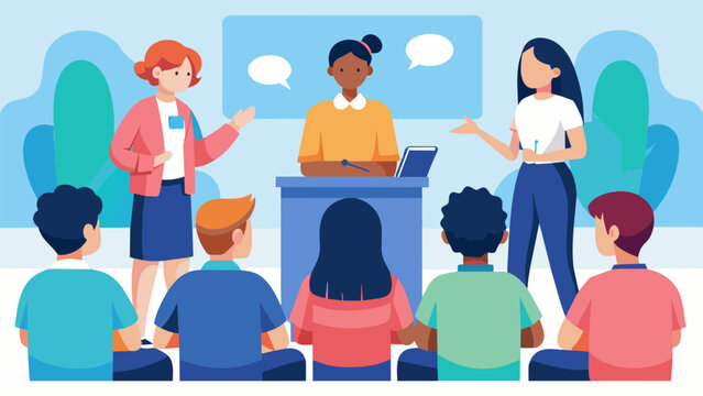 The student council meets to plan an antibullying assembly inviting guest speakers and organizing activities to engage the entire student body in the fight against bullying.. Vector illustration