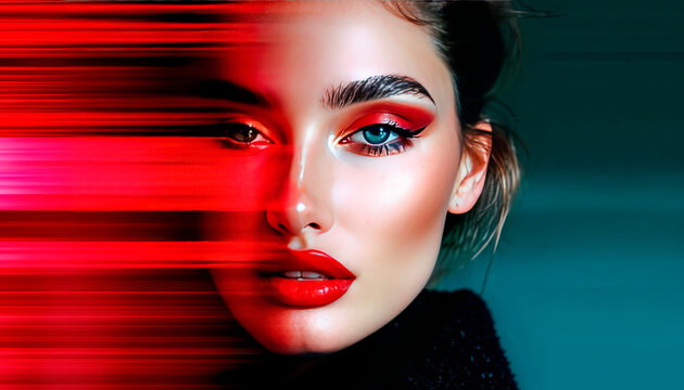 Fashion portrait of super beautiful mysterious high-born model with bright makeup on her face and sensual lips