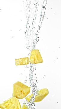 Super Slow Motion of Flying Pineapple Slices in Water Splashes, White Background. Filmed on High Speed Cinema Camera, 1000 fps. Vertical Aspect Ratio.
