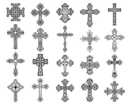 Catholic cross vector icon set. Religious christian symbol. Faith collection of crucifix or holy emblem, spiritual sign for devotion and prayer, worship. Sacred decoration for church and theology.