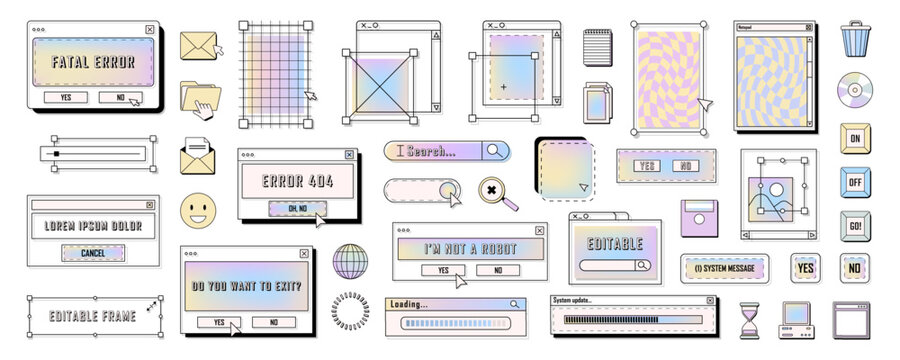 Set of retro digital desktop icons and frames. Vector pc or computer message windows and user interface icons. Vintage application notification. System dialog with buttons. Technology element design.