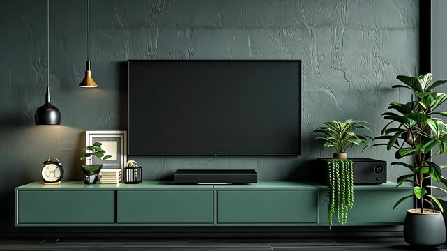 A modern living room with a flat-screen TV mounted on the wall and plants placed around the room.