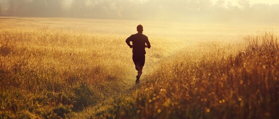 A runner navigates through a golden field at dawn, encapsulating determination, endurance, and the beauty of a new beginning.
