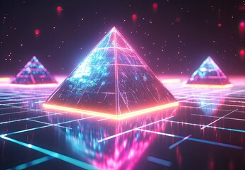 3D rendering of a neon light triangle on a black background with a glow effect, a perspective grid, and a reflection on the floor