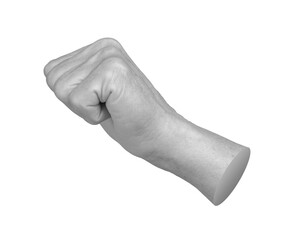 Elderly clenched fist, symbolizing strength, resistance, and determination. Wrinkled, aged hand with visible knuckles, expressing power and solidarity. Monochrome, close up, isolated on white