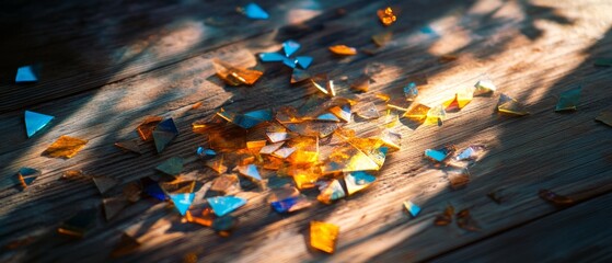 Glimmering shards of glass scatter across sunlit wooden boards, reflecting light in vibrant colors, creating a mosaic of shimmering beauty.