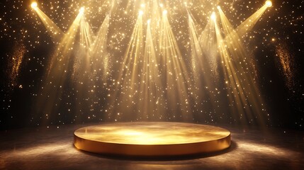 Golden spotlights shining on stage glittering against sparkling background high resolution picture
