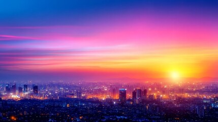 Colorful sunset over a vibrant city skyline with glowing light and distant mountains