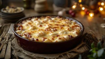 Cozy casserole dish filled with melted cheese and savory ingredients surrounded by rustic cutlery and warm lighting evoking a homey comforting vibe