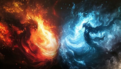 A battle between two powerful forces, one representing fire and the other ice, their energy swirling in an intense clash
