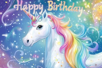 Whimsical Birthday Card with Magical Unicorn and Rainbow Mane for a Fantasy Celebration