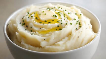 Creamy bowl of mashed potatoes swirled with melted butter on top sprinkled with chives exuding homemade comfort food vibes