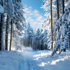 Fototapeta premium Tranquil Forest Wonderland: Majestic Pines and Pristine Snow Under a Brilliant Blue Sky
