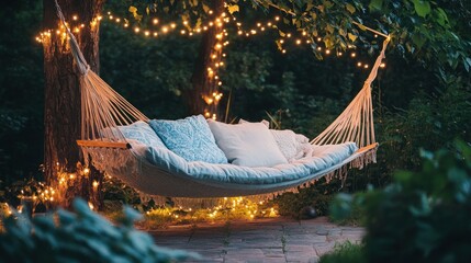 Serene Evening Hammock Scene: Relaxing under fairy lights in a tranquil garden setting.