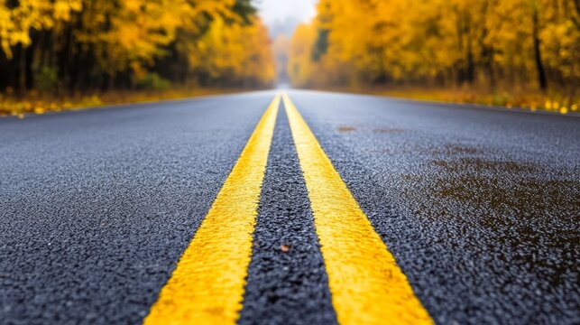 Serene autumn road with vibrant yellow trees lining the edges, creating a tranquil atmosphere