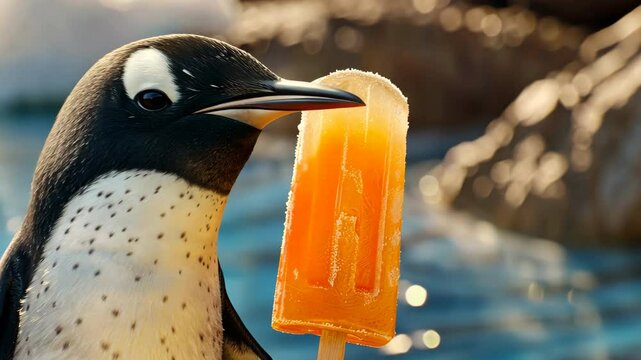 A penguin holds a yellow fruit popsicle on a stick in his paw.