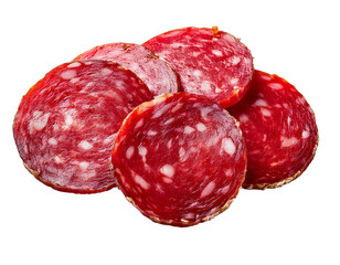 Close-up of Saucisson Sec Slices Isolated on White Transparent Background. Concept of Fresh Food.

