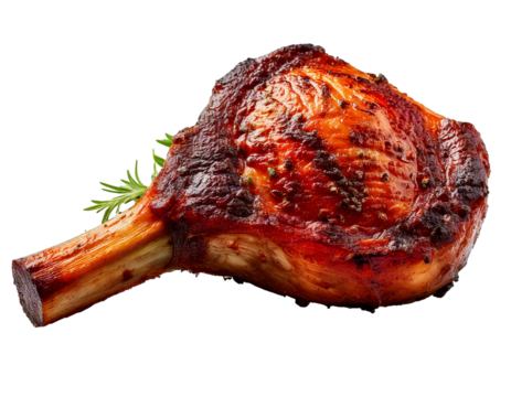 Juicy Grilled Lamb Leg with Bone – Seared to Perfection, Showcasing Char Marks, Isolated on a White Background.

