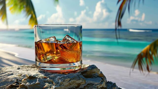 A glass of rum or whiskey with ice stands on a stone. Sandy beach of a tropical island, sea waves and palm leaves on the background.